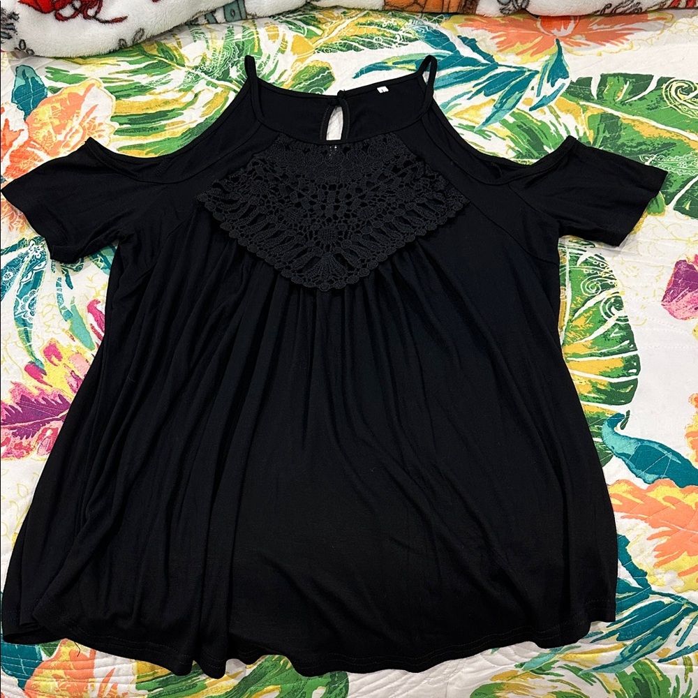 Black Cold Shoulder Top with Crochet Detail NWOT